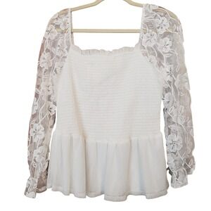 Ember Womens Floral Lace Smocked Peplum Top L White